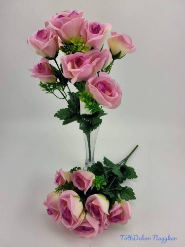 Nyíló rózsa 10v selyem csokor 44 cm - Vil. Lilás-Rózsaszín