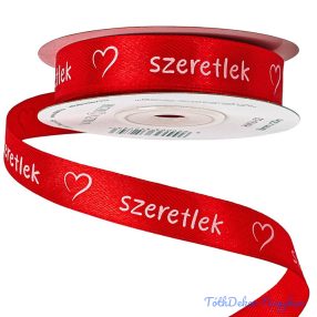   Szeretlek feliratos, szívecskés szatén szalag 16mm x 20m - Piros
