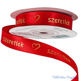   Szeretlek arany feliratos, szívecskés szatén szalag 16mm x 20m - Piros