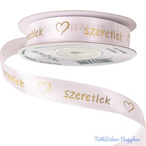   Szeretlek arany feliratos, szívecskés szatén szalag 16mm x 20m - Fehér