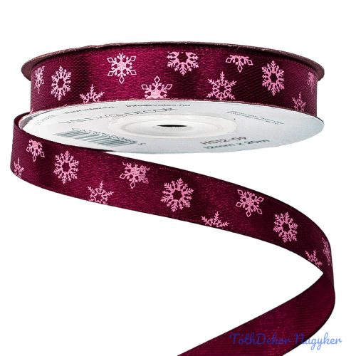 Hópelyhes karácsonyi szatén szalag 12mm x 20m - Burgundi