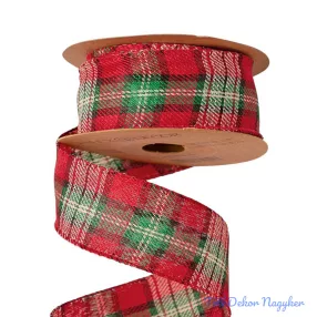   Kockás karácsonyi szalag drótos szegéllyel 38mm x 10m - Krém/Fekete