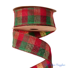   Kockás karácsonyi szalag drótos szegéllyel 38mm x 10m - Piros/Arany/Zöld