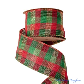   Kockás karácsonyi szalag drótos szegéllyel 63mm x 10m - Piros-Arany-Zöld