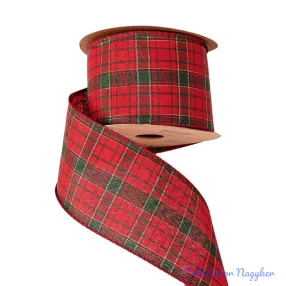   Kockás karácsonyi szalag drótos szegéllyel 63mm x 10m - Piros-Arany-Sötétzöld