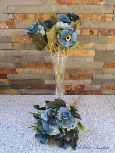 Anemóna 5 ágú selyemvirág csokor zöldekkel 30 cm - Kék