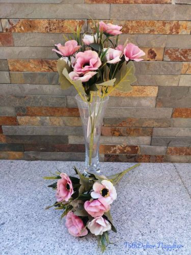 Anemóna 5 ágú selyemvirág csokor zöldekkel 30 cm - Rózsaszín