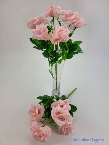 Nyílt rózsa 6 fejes selyemvirág csokor 28 cm - Rózsaszín
