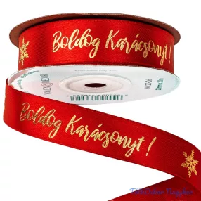   Fényes arany Boldog Karácsonyt feliratos szatén szalag 20mm x 20m - Piros