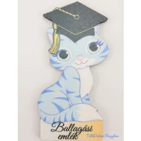 Kék cirmos cica ballagó kalapban tábla - Feliratos