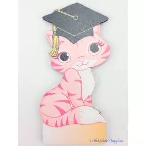 Rózsaszín cirmos cica ballagó kalapban tábla