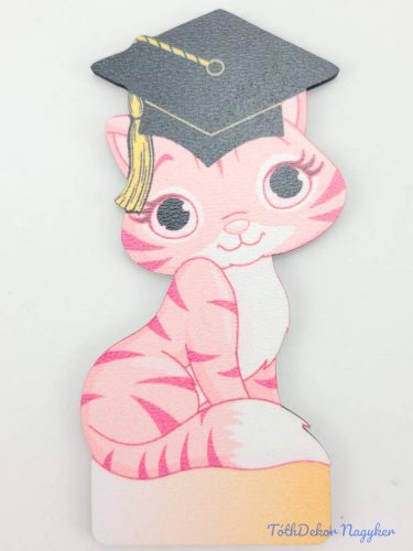 Rózsaszín cirmos cica ballagó kalapban tábla