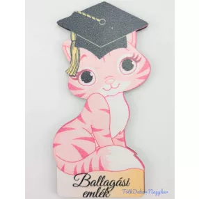 Rózsaszín cirmos cica ballagó kalapban tábla - Feliratos