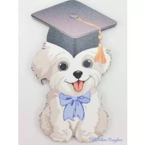 Lógónyelvű kutyus tábla kék masnis ballagó kalapban