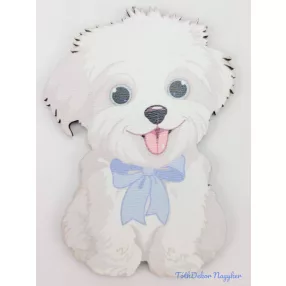 Lógónyelvű fehér kutyus tábla kék masnis