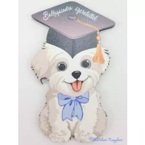   Lógónyelvű kutyus tábla kék masnis ballagó kalapban - Feliratos