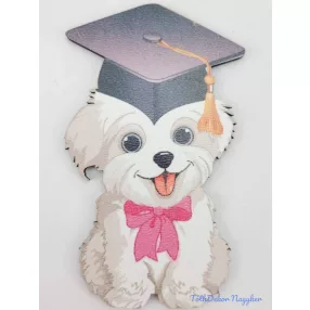   Lógónyelvű kutyus tábla rózsaszín masnis ballagó kalapban