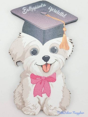 Lógónyelvű kutyus tábla rózsaszín masnis ballagó kalapban - Feliratos