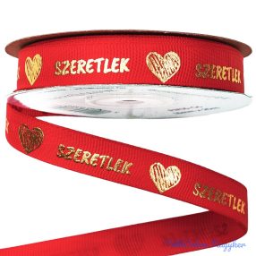   Szeretlek arany feliratos szivecskés ripsz szalag 16mm x 20m - Piros