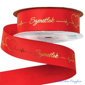   Szeretlek arany feliratos, szívecskés ripsz szalag 25mm x 20m - Piros