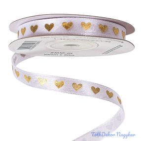 Arany szívecskés szatén szalag 10mm x 20m - Fehér