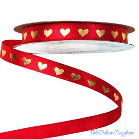 Arany szívecskés szatén szalag 10mm x 20m - Piros