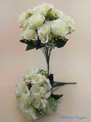 Rózsa 18 nyílott fejes dús selyemvirág csokor díszítővel 36 cm - Krém