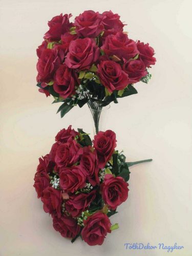 Rózsa 18 nyílott fejes dús selyemvirág csokor díszítővel 36 cm - Sötét Piros