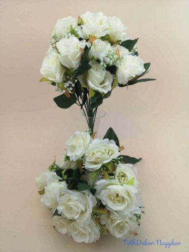 Rózsa 18 nyílott fejes dús selyemvirág csokor díszítővel 36 cm - Ekrü