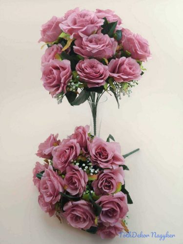 Rózsa 18 nyílott fejes dús selyemvirág csokor díszítővel 36 cm - Mályva