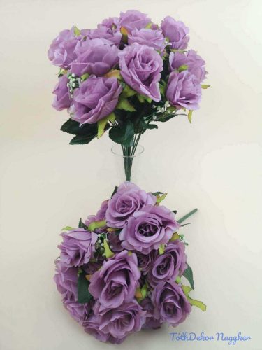 Rózsa 18 nyílott fejes dús selyemvirág csokor díszítővel 36 cm - Mályva-Lila