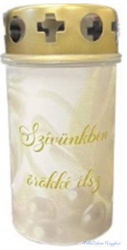 Műanyag fém fedeles mécses mintás 11,5x5,5cm - Szívünkben Örökké Élsz