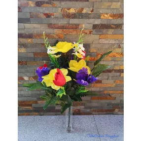   Írisz nárcisz tulipán selyemvirág csokor zöldekkel rumórával 57 cm